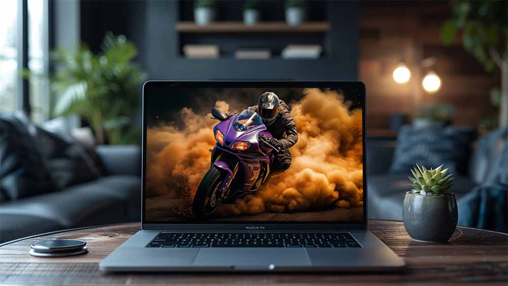Superbe moto violette à grande vitesse avec effet de fumée, fond d'écran 4K