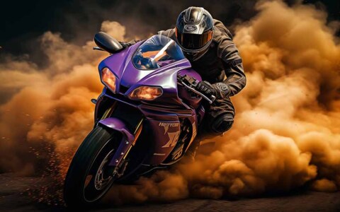 Superbe moto violette à grande vitesse avec effet de fumée, fond d'écran 4K