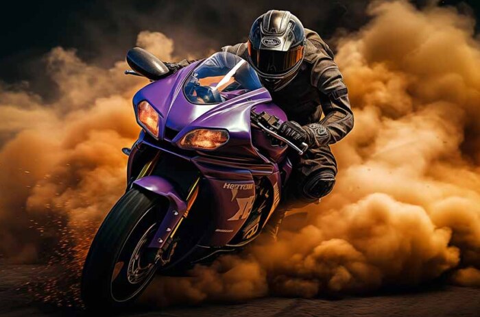 Superbe moto violette à grande vitesse avec effet de fumée, fond d'écran 4K