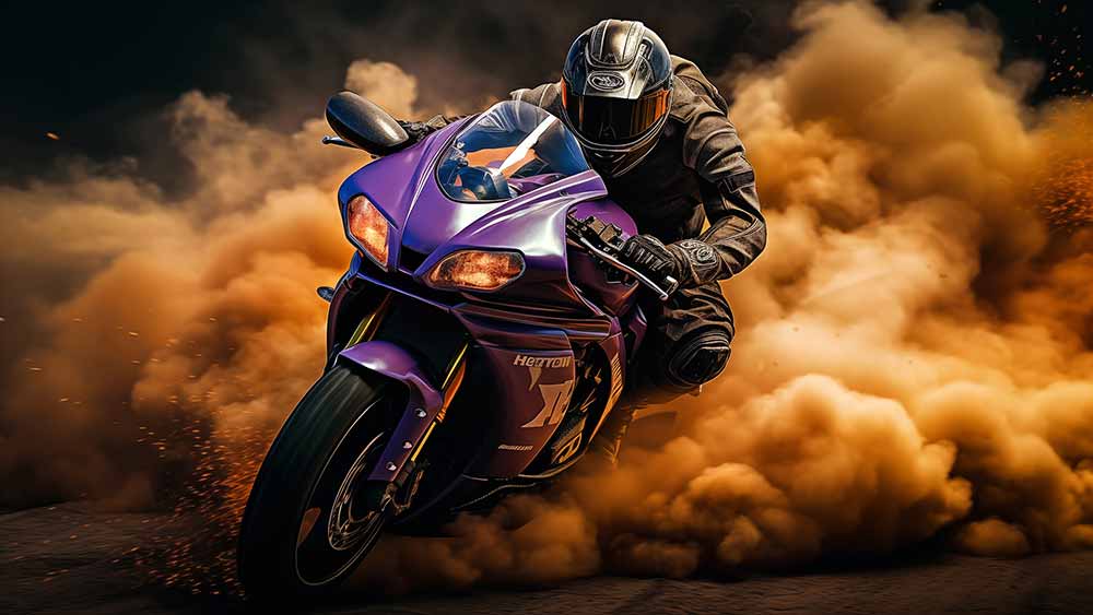 Superbe moto violette à grande vitesse avec effet de fumée, fond d'écran 4K