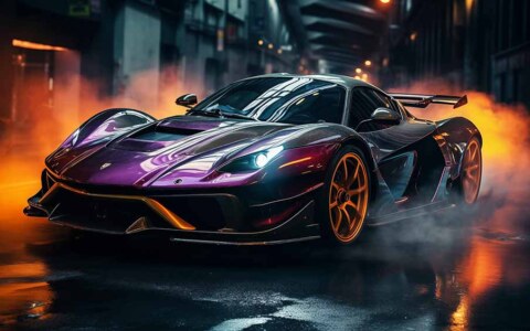 Voiture de sport violette avec des accents dorés, de la fumée autour de la voiture, fond d'écran de nuit urbaine 4K gratuit