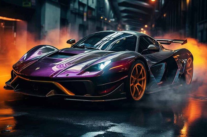 Voiture de sport violette avec des accents dorés, de la fumée autour de la voiture, fond d'écran de nuit urbaine 4K gratuit