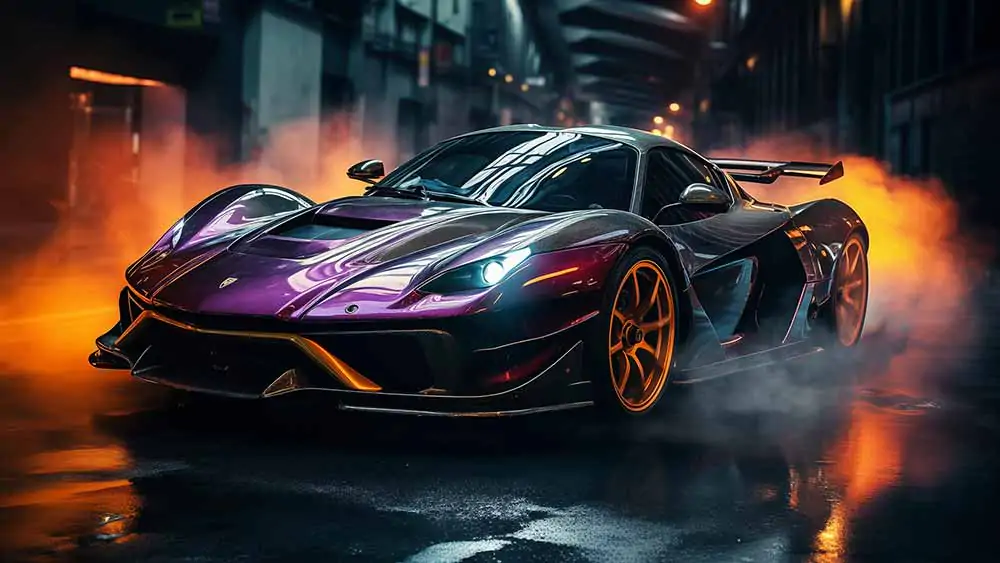 Voiture de sport violette avec des accents dorés, de la fumée autour de la voiture, fond d'écran de nuit urbaine 4K gratuit