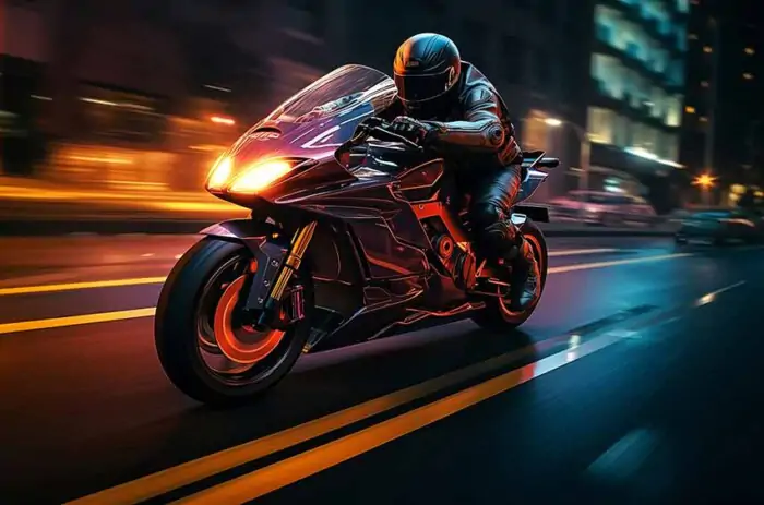 Motorcycle speeding through city streets at night HD 4K Wallpaper Free Download