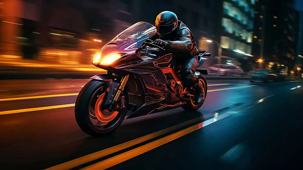 Motorcycle speeding through city streets at night HD 4K Wallpaper Free Download