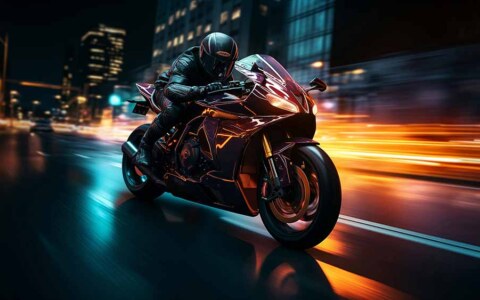 Course de moto futuriste à travers une ville éclairée au néon la nuit, fond d'écran HD 4K à télécharger gratuitement