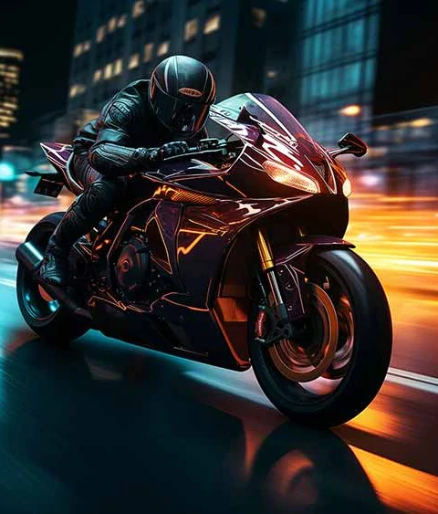 Futuristic motorcycle racing through neon-lit city at night, HD 4K wallpaper free download