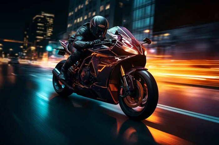 Course de moto futuriste à travers une ville éclairée au néon la nuit, fond d'écran HD 4K à télécharger gratuitement