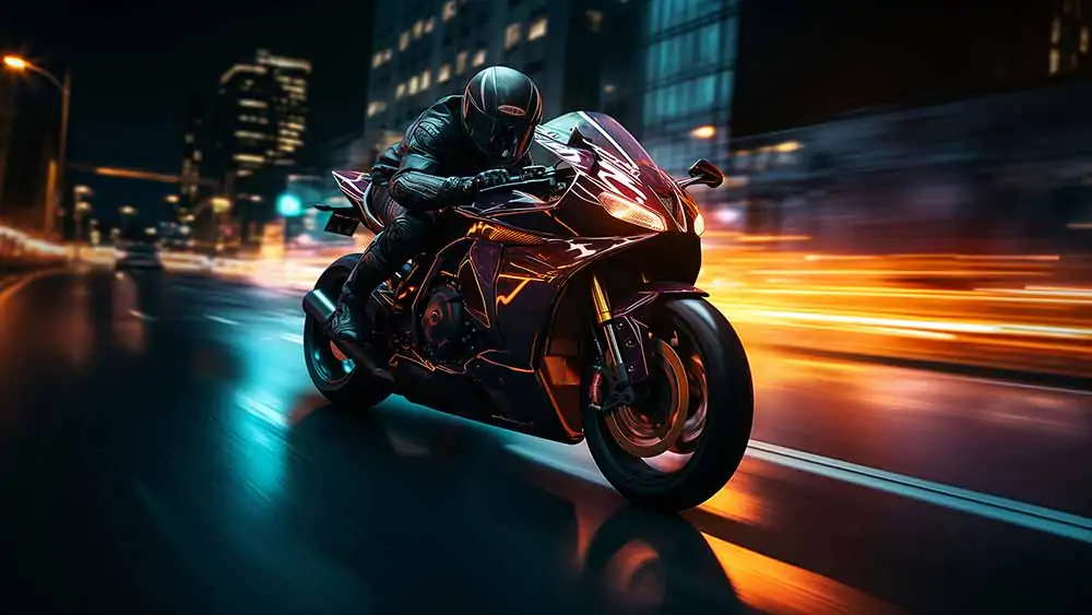 Course de moto futuriste à travers une ville éclairée au néon la nuit, fond d'écran HD 4K à télécharger gratuitement