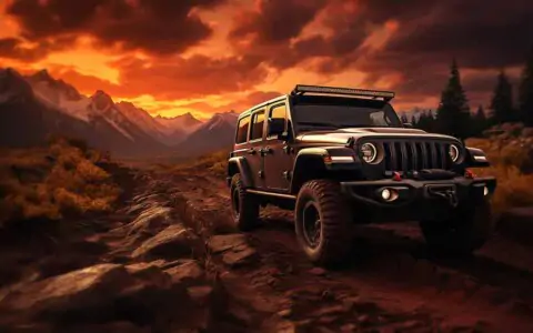 Jeep Wrangler JL Rubicon off-roading on a rocky mountain trail at sunset wallpaper HD 4K