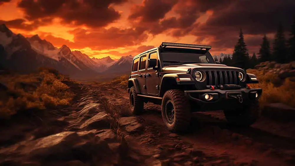 Jeep Wrangler JL Rubicon off-roading on a rocky mountain trail at sunset wallpaper HD 4K