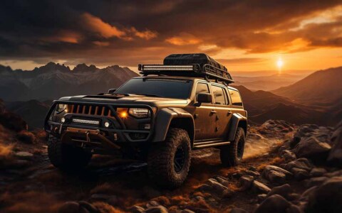 Toyota Land Cruiser traversant un paysage de montagnes rocheuses au coucher du soleil fond d'écran 4K HD