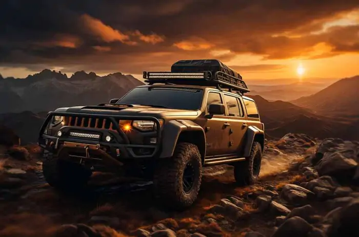 Toyota Land Cruiser traversant un paysage de montagnes rocheuses au coucher du soleil fond d'écran 4K HD