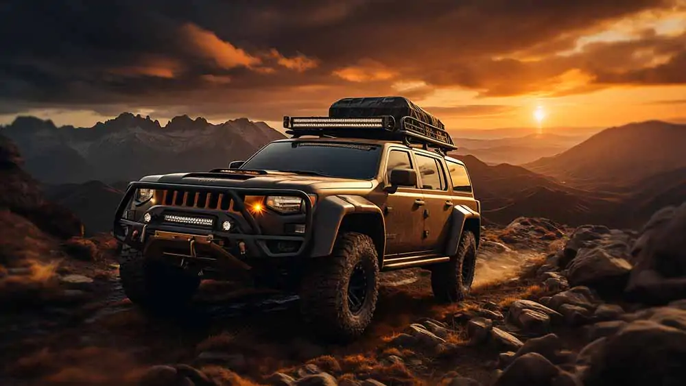 Toyota Land Cruiser traversant un paysage de montagnes rocheuses au coucher du soleil fond d'écran 4K HD