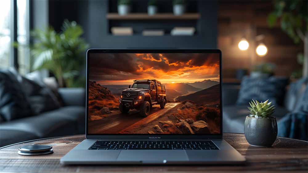 Camion Mercedes Zetros traversant un paysage de montagne au coucher du soleil fond d'écran 4K HD téléchargement gratuit
