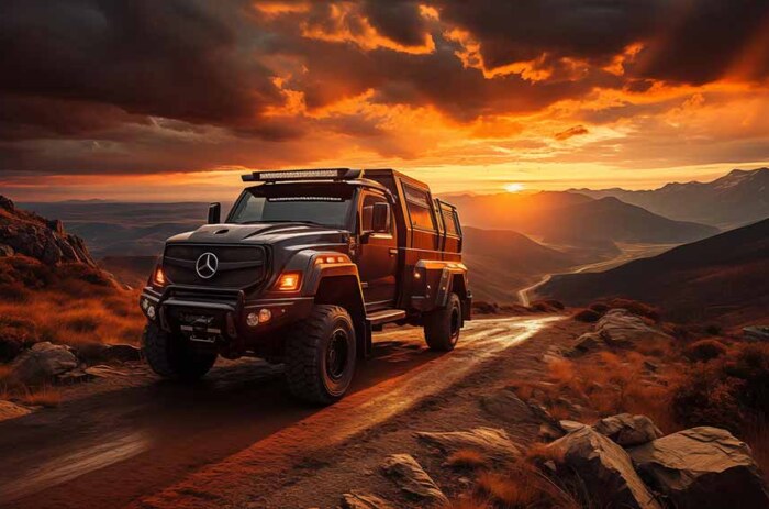 Camion Mercedes Zetros traversant un paysage de montagne au coucher du soleil fond d'écran 4K HD téléchargement gratuit
