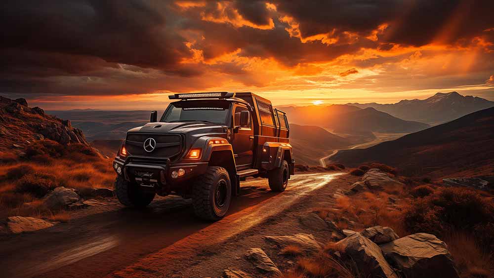 Camion Mercedes Zetros traversant un paysage de montagne au coucher du soleil fond d'écran 4K HD téléchargement gratuit
