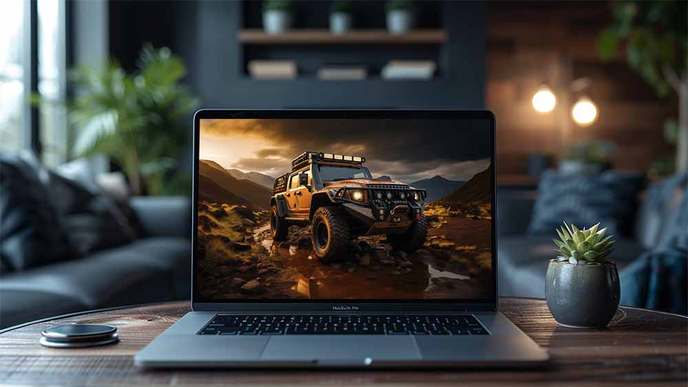 Jeep tout-terrain orange roulant sur un sentier de montagne rocheux, ciel dramatique, fond d'écran d'aventure 4k HD