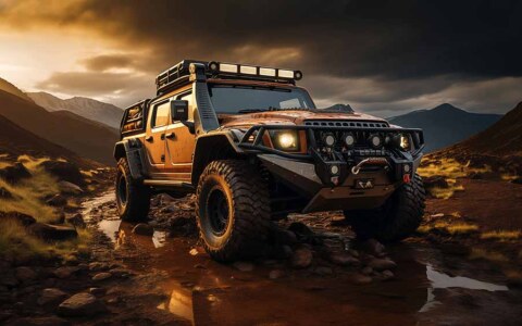 Jeep tout-terrain orange roulant sur un sentier de montagne rocheux, ciel dramatique, fond d'écran d'aventure 4k HD