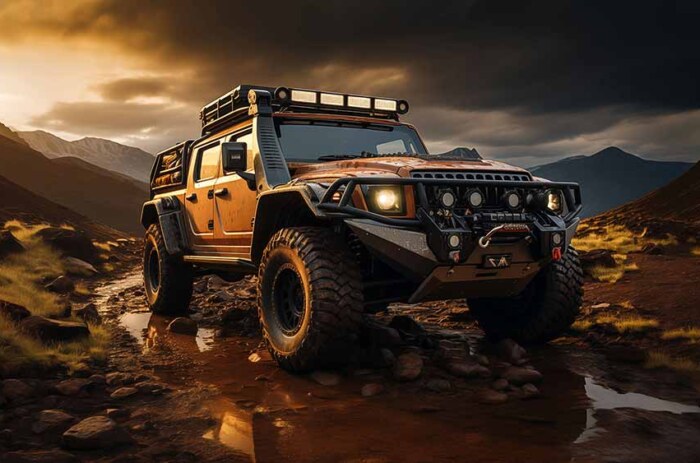 Jeep tout-terrain orange roulant sur un sentier de montagne rocheux, ciel dramatique, fond d'écran d'aventure 4k HD