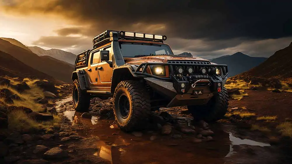 Jeep tout-terrain orange roulant sur un sentier de montagne rocheux, ciel dramatique, fond d'écran d'aventure 4k HD