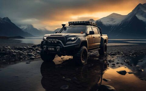 Fond d'écran Toyota Tundra 4x4 dans un paysage de lac montagneux au coucher du soleil, téléchargement gratuit 4K HD