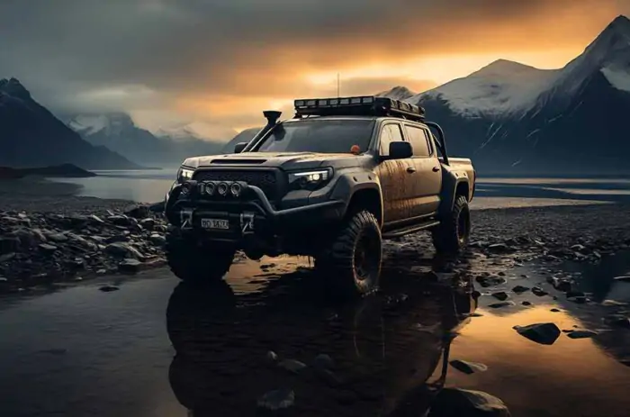 Fond d'écran Toyota Tundra 4x4 dans un paysage de lac montagneux au coucher du soleil, téléchargement gratuit 4K HD