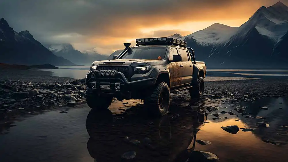 Fond d'écran Toyota Tundra 4x4 dans un paysage de lac montagneux au coucher du soleil, téléchargement gratuit 4K HD