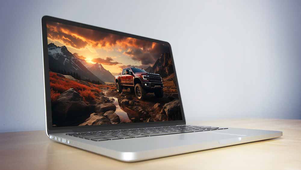 Camionnette Ford F-150 garée sur un terrain rocheux avec des montagnes et un coucher de soleil en arrière-plan, fond d'écran HD et 4K gratuit