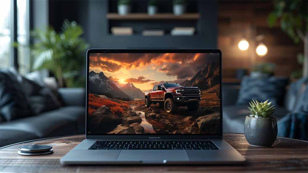 Camionnette Ford F-150 garée sur un terrain rocheux avec des montagnes et un coucher de soleil en arrière-plan, fond d'écran HD et 4K gratuit