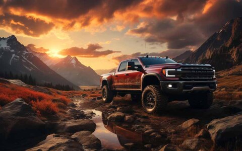 Camionnette Ford F-150 garée sur un terrain rocheux avec des montagnes et un coucher de soleil en arrière-plan, fond d'écran HD et 4K gratuit