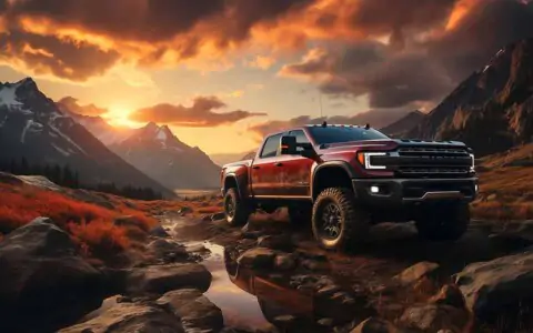 Ford F-150 pickup truck parked on rocky terrain with mountains and sunset in the background, HD and 4K wallpaper free