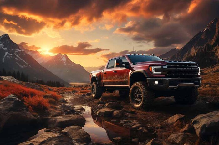 Camionnette Ford F-150 garée sur un terrain rocheux avec des montagnes et un coucher de soleil en arrière-plan, fond d'écran HD et 4K gratuit