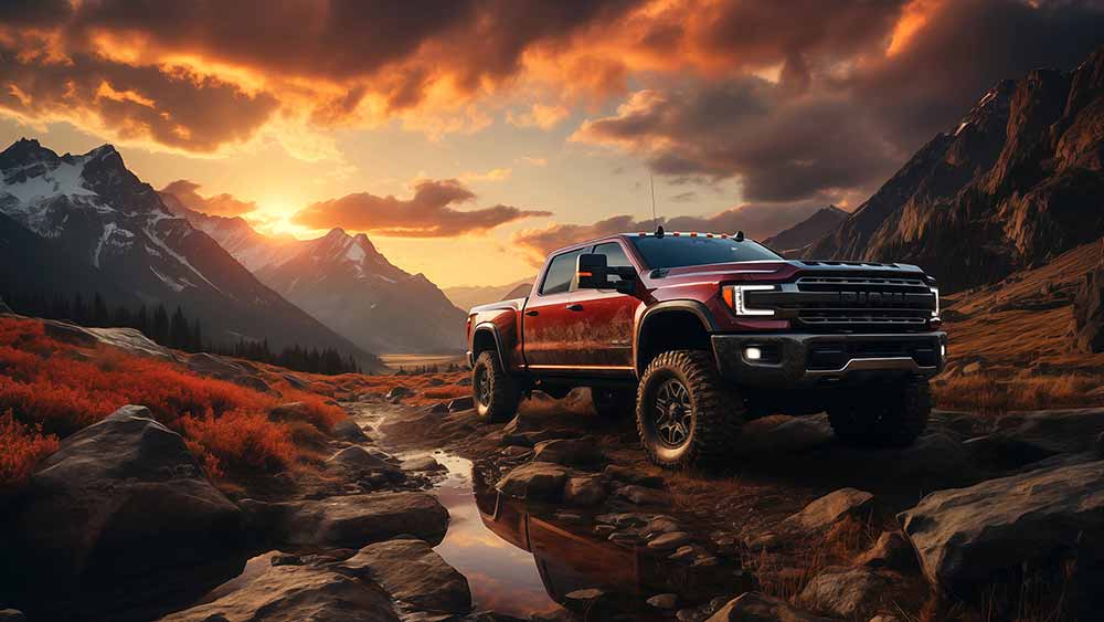 Camionnette Ford F-150 garée sur un terrain rocheux avec des montagnes et un coucher de soleil en arrière-plan, fond d'écran HD et 4K gratuit