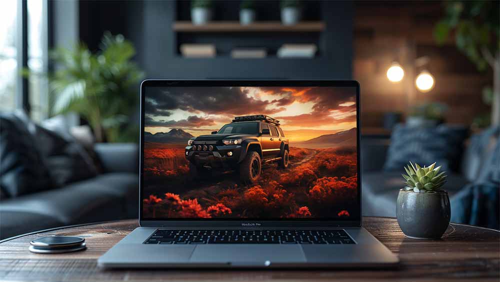 Camion Toyota 4Runner dans un champ de fleurs rouges avec coucher de soleil et montagnes fond d'écran HD 4K à télécharger gratuitement