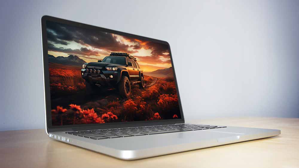 Camion Toyota 4Runner dans un champ de fleurs rouges avec coucher de soleil et montagnes fond d'écran HD 4K à télécharger gratuitement