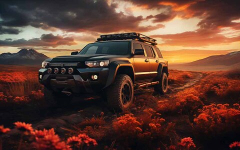 Camion Toyota 4Runner dans un champ de fleurs rouges avec coucher de soleil et montagnes fond d'écran HD 4K à télécharger gratuitement