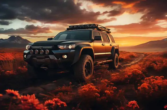 Camion Toyota 4Runner dans un champ de fleurs rouges avec coucher de soleil et montagnes fond d'écran HD 4K à télécharger gratuitement