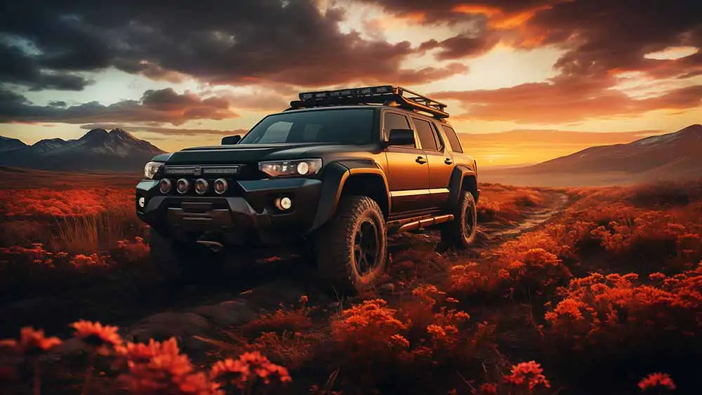 Camion Toyota 4Runner dans un champ de fleurs rouges avec coucher de soleil et montagnes fond d'écran HD 4K à télécharger gratuitement