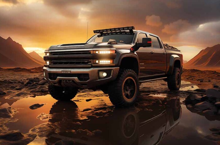 Ford F-150 Raptor à la conquête d'un terrain rocailleux au coucher du soleil fond d'écran HD 4K arrière plan gratuit