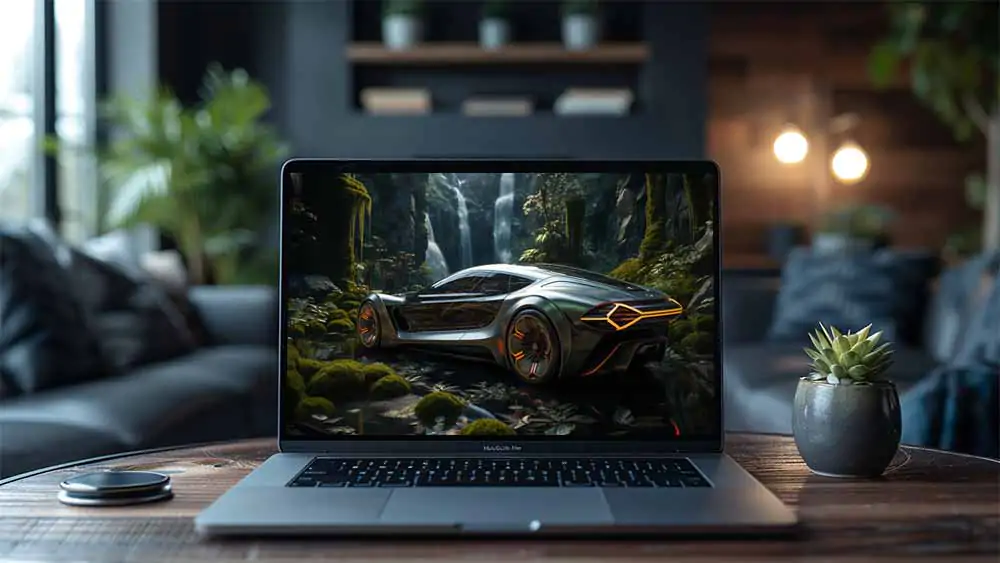 Une voiture futuriste argentée aux accents orange garée dans une jungle verte luxuriante avec des cascades en arrière-plan. Téléchargement gratuit de fond d'écran HD 4K.