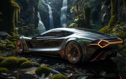 Une voiture futuriste argentée aux accents orange garée dans une jungle verte luxuriante avec des cascades en arrière-plan. Téléchargement gratuit de fond d'écran HD 4K.