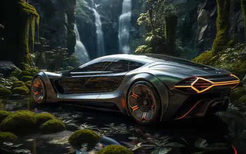 A silver futuristic car with orange accents parked in a lush green jungle with waterfalls in the background. HD 4K wallpaper free download.