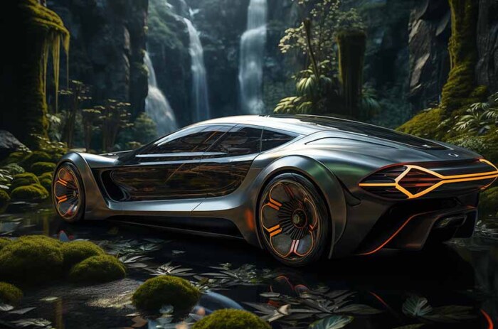 Une voiture futuriste argentée aux accents orange garée dans une jungle verte luxuriante avec des cascades en arrière-plan. Téléchargement gratuit de fond d'écran HD 4K.