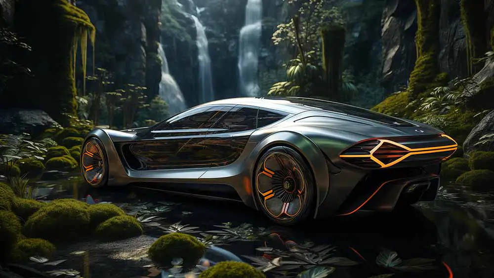 A silver futuristic car with orange accents parked in a lush green jungle with waterfalls in the background. HD 4K wallpaper free download.