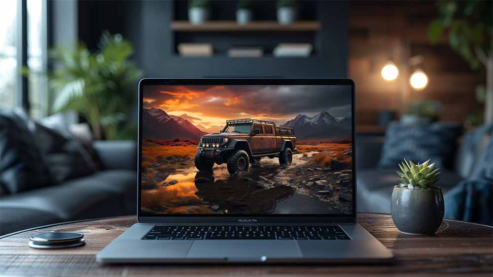 Fond d'écran gratuit HD 4K d'un véhicule tout-terrain noir à six roues garé sur un terrain rocailleux près d'un plan d'eau, avec des montagnes et un ciel couchant en arrière-plan.
