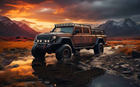 Fond d'écran gratuit HD 4K d'un véhicule tout-terrain noir à six roues garé sur un terrain rocailleux près d'un plan d'eau, avec des montagnes et un ciel couchant en arrière-plan.