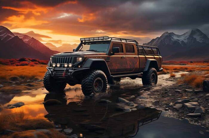 Fond d'écran gratuit HD 4K d'un véhicule tout-terrain noir à six roues garé sur un terrain rocailleux près d'un plan d'eau, avec des montagnes et un ciel couchant en arrière-plan.