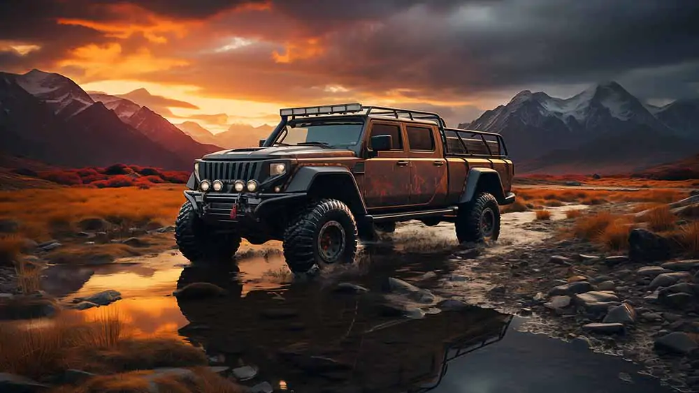 Free wallpaper HD 4K of a Black six-wheeled off-road vehicle parked on rocky terrain near water with mountains and sunset sky in the background