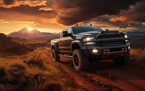 Fond d'écran camion 4x4- noir désert, 4K, coucher de soleil, montagnes, tout-terrain, aventure, téléchargement gratuit